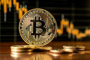 Golden bitcoin digital cryptocurrency futuristic money. Technology business internet trading concept by AI Generated photo