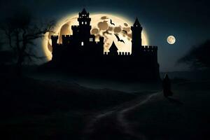 a castle in the dark with a full moon in the background. AI-Generated photo