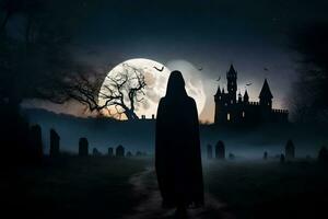 a person in a hooded cloak walks through a graveyard at night. AI-Generated photo