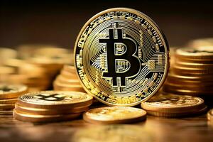 Golden bitcoin digital cryptocurrency futuristic money. Technology business internet trading concept by AI Generated photo