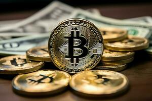 Golden bitcoin digital cryptocurrency futuristic money. Technology business internet trading concept by AI Generated photo