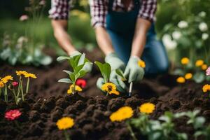 two women are planting flowers in the garden. AI-Generated photo