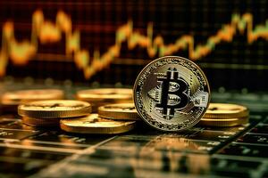 Golden bitcoin digital cryptocurrency futuristic money. Technology business internet trading concept by AI Generated photo