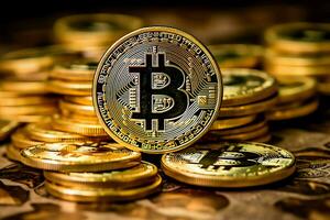 Golden bitcoin digital cryptocurrency futuristic money. Technology business internet trading concept by AI Generated photo