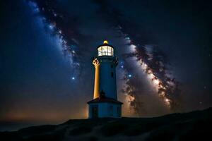 a lighthouse with stars in the sky and a light shining. AI-Generated photo