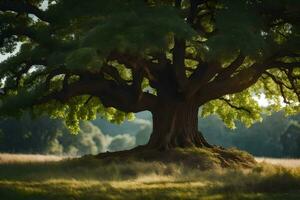 un antiguo árbol en un campo con césped y arboles generado por ai foto