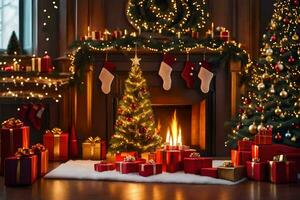 christmas fireplace with presents and christmas tree. AI-Generated photo