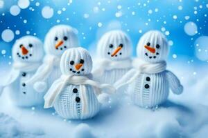 five snowmen are standing in a row. AI-Generated photo