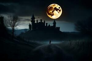 a full moon is seen over a castle in the dark. AI-Generated photo