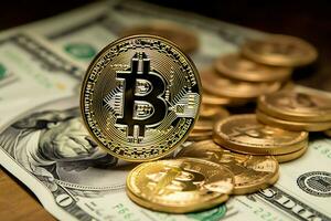 Golden bitcoin digital cryptocurrency futuristic money. Technology business internet trading concept by AI Generated photo