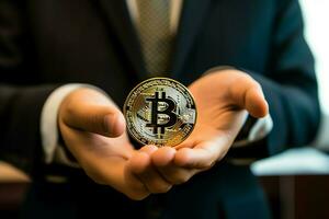 Golden bitcoin digital cryptocurrency futuristic money. Technology business internet trading concept by AI Generated photo