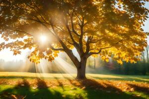 the sun shines through the leaves of a tree in the autumn. AI-Generated photo