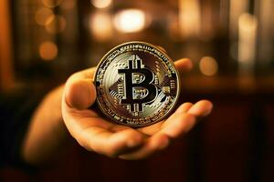 Golden bitcoin digital cryptocurrency futuristic money. Technology business internet trading concept by AI Generated photo