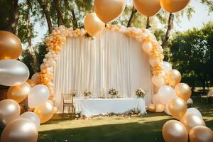un Boda recepción con oro globos y blanco cortinas generado por ai foto
