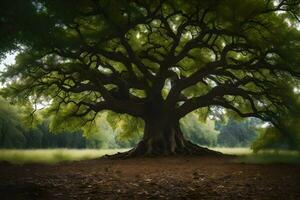 un antiguo árbol es mostrado en el medio de un campo. generado por ai foto