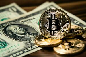 Golden bitcoin digital cryptocurrency futuristic money. Technology business internet trading concept by AI Generated photo