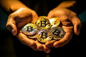 Golden bitcoin digital cryptocurrency futuristic money. Technology business internet trading concept by AI Generated photo