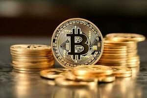 Golden bitcoin digital cryptocurrency futuristic money. Technology business internet trading concept by AI Generated photo