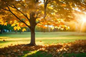 a tree in the middle of a field with leaves falling. AI-Generated photo