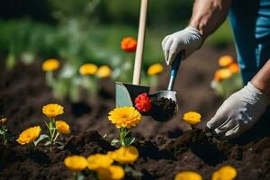 a person is digging dirt with a shovel. AI-Generated photo