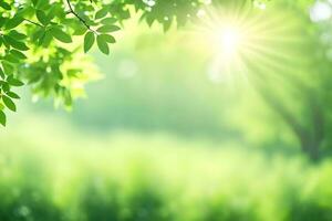 the sun shines through the trees in a green field. AI-Generated photo