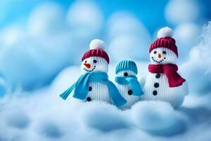 three snowmen in red and blue hats and scarves. AI-Generated photo