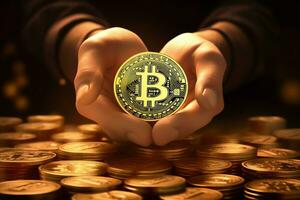 Golden bitcoin digital cryptocurrency futuristic money. Technology business internet trading concept by AI Generated photo