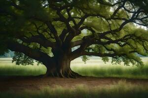 un grande árbol en el medio de un campo. generado por ai foto