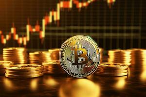 Golden bitcoin digital cryptocurrency futuristic money. Technology business internet trading concept by AI Generated photo