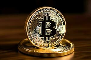 Golden bitcoin digital cryptocurrency futuristic money. Technology business internet trading concept by AI Generated photo