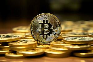 Golden bitcoin digital cryptocurrency futuristic money. Technology business internet trading concept by AI Generated photo