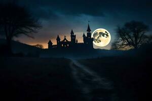 un lleno Luna es visto terminado un castillo en el oscuro. generado por ai foto