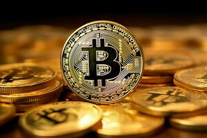 Golden bitcoin digital cryptocurrency futuristic money. Technology business internet trading concept by AI Generated photo