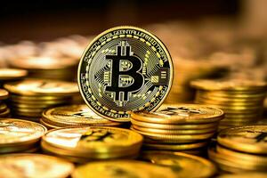 Golden bitcoin digital cryptocurrency futuristic money. Technology business internet trading concept by AI Generated photo