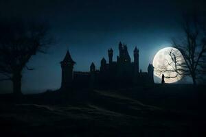 un castillo en el oscuro con un lleno Luna. generado por ai foto