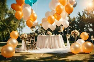 balloons and table set up for a wedding. AI-Generated photo