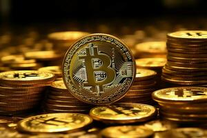 Golden bitcoin digital cryptocurrency futuristic money. Technology business internet trading concept by AI Generated photo