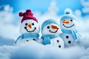 three snowmen wearing hats and scarves in the snow. AI-Generated photo