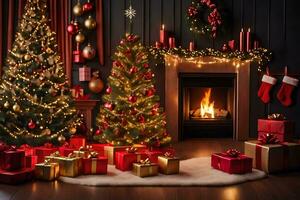 christmas tree and presents in front of fireplace. AI-Generated photo