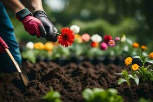 un persona es plantando flores en un jardín. generado por ai foto