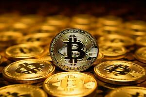 Golden bitcoin digital cryptocurrency futuristic money. Technology business internet trading concept by AI Generated photo