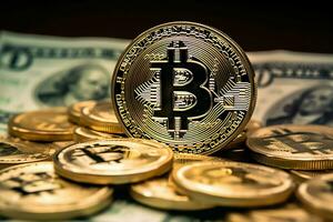 Golden bitcoin digital cryptocurrency futuristic money. Technology business internet trading concept by AI Generated photo