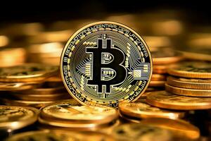 Golden bitcoin digital cryptocurrency futuristic money. Technology business internet trading concept by AI Generated photo