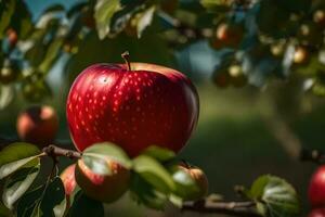 un manzana es en un árbol con hojas. generado por ai foto