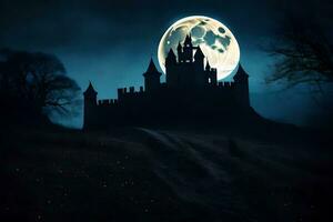 castillo en el oscuro, castillo, noche, luna, hd fondo de pantalla. generado por ai foto