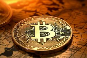Golden bitcoin digital cryptocurrency futuristic money. Technology business internet trading concept by AI Generated photo