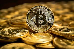 Golden bitcoin digital cryptocurrency futuristic money. Technology business internet trading concept by AI Generated photo