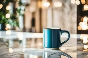 a blue coffee mug on a marble counter. AI-Generated photo