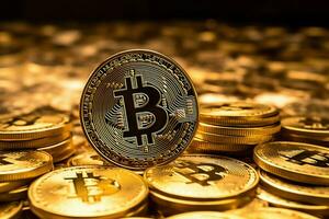 Golden bitcoin digital cryptocurrency futuristic money. Technology business internet trading concept by AI Generated photo
