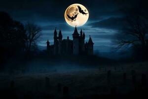 halloween castle with bats flying over it at night. AI-Generated photo